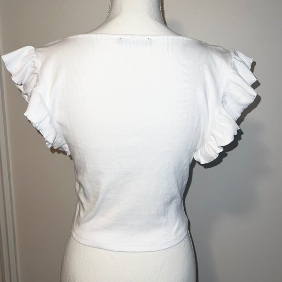 Zara Women's Crop Top White Ruched Drawstring Front Flutter Sleeve Sz L - Picture 2 of 5